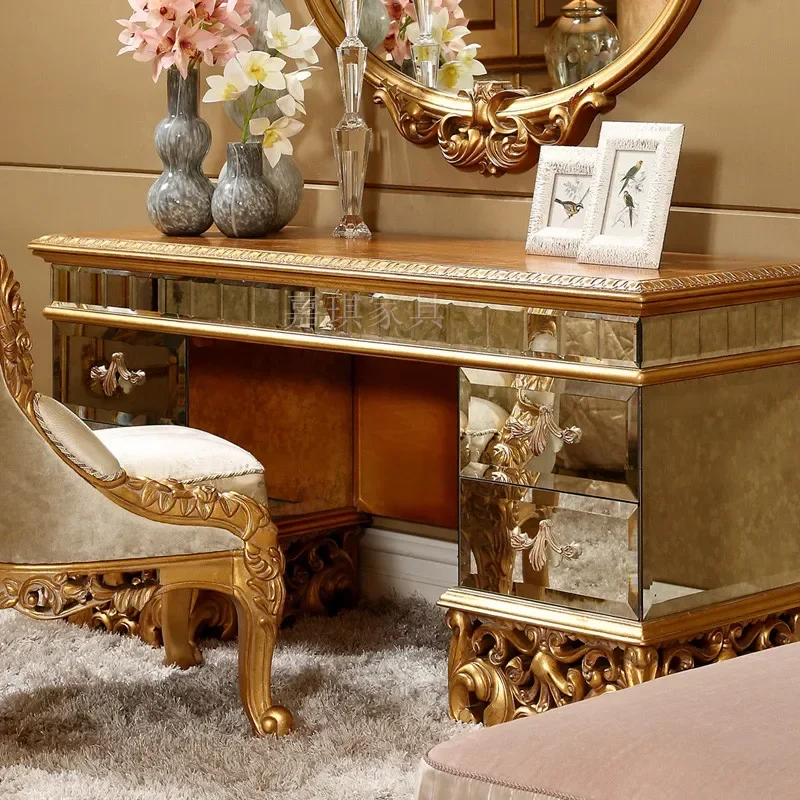 

Custom French luxury European solid wood hand carved dressing table makeup mirror stool bedroom