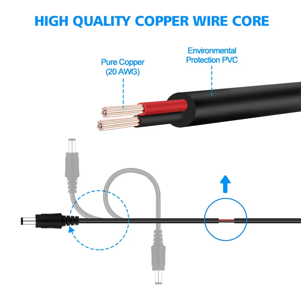 5M DC12V Power Extension Cable 5.5*2.1mm Cord Connector Male To Female Plug For
