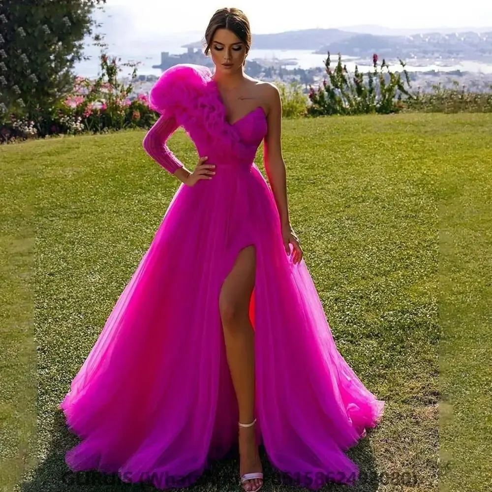 

Fuchsia Evening Dress Vestidos De Fiesta One Sleeve Puff robes de soirée Leg Slit prom dresses A Line Party Dress abendkleider
