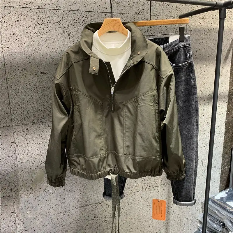 2023 New Spring and Autumn Fashion Street Trend Simple Solid Standing Neck Half Zip Pocket Drawstring Loose Casual Charge Jacket 3