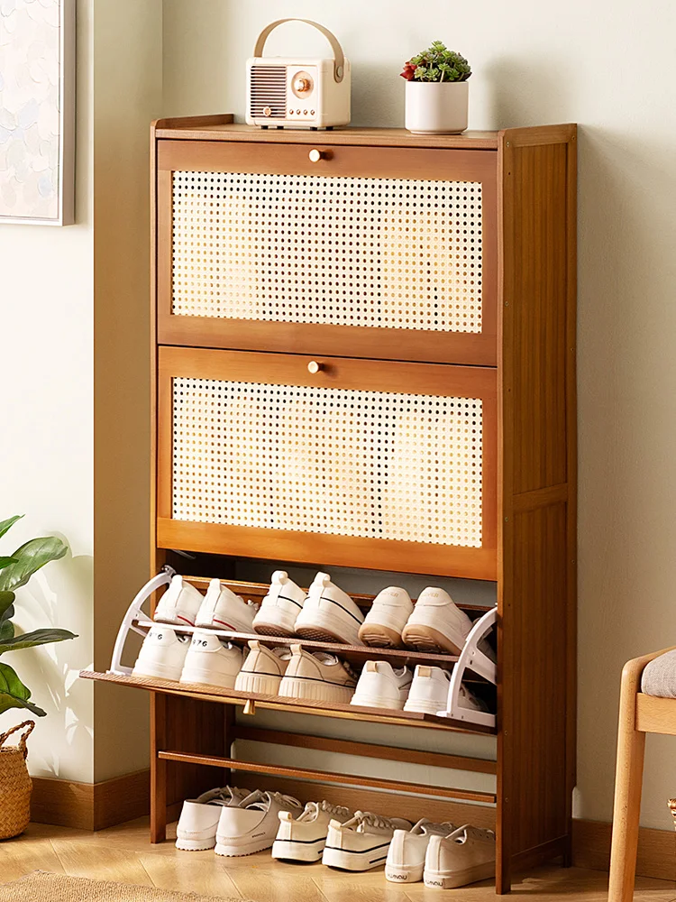 

Ultra thin shoe cabinet, household doorstep flip bucket shoe rack, solid wood storage tool, space saving