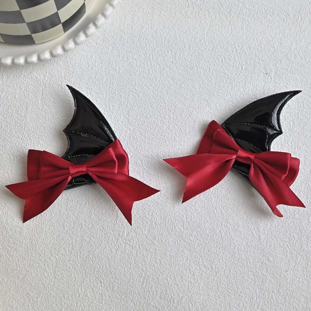 Japanese New Trend Alloy PU Leather Devil Bat Wings Bow Hair Clip 2PCS Women's Cool Duckbill Clip Student Funny Hair Accessories