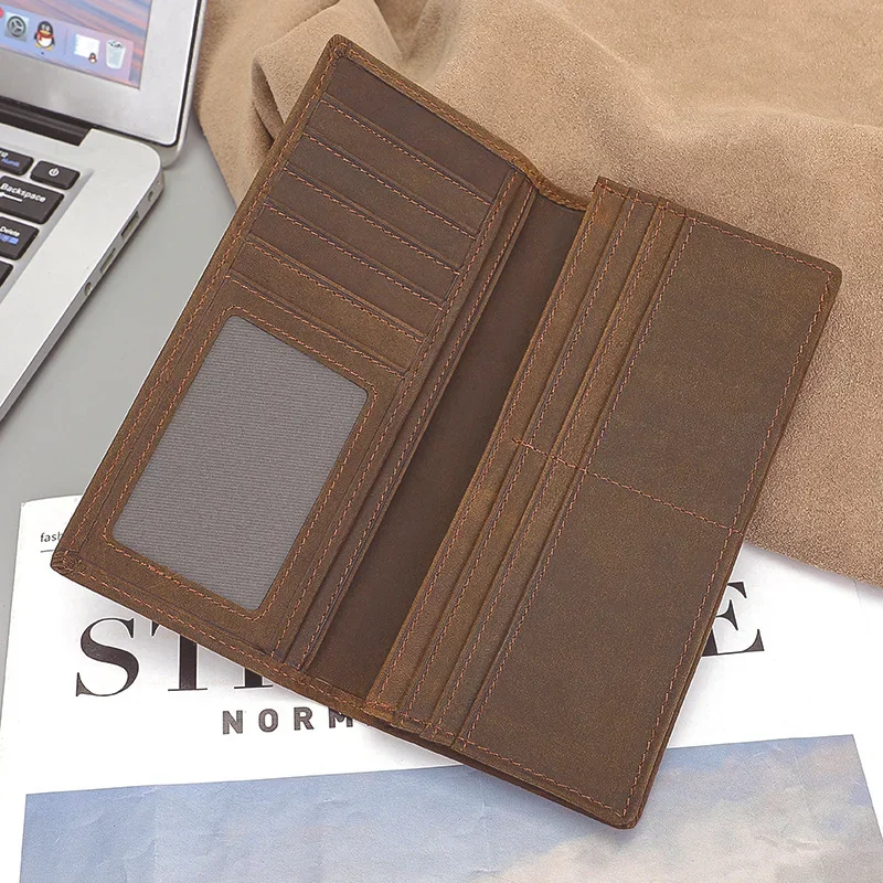 Vintage Leather Men's Wallet with Multiple Card Slots and Cash Clip - Crazy Horse Long Wallet
