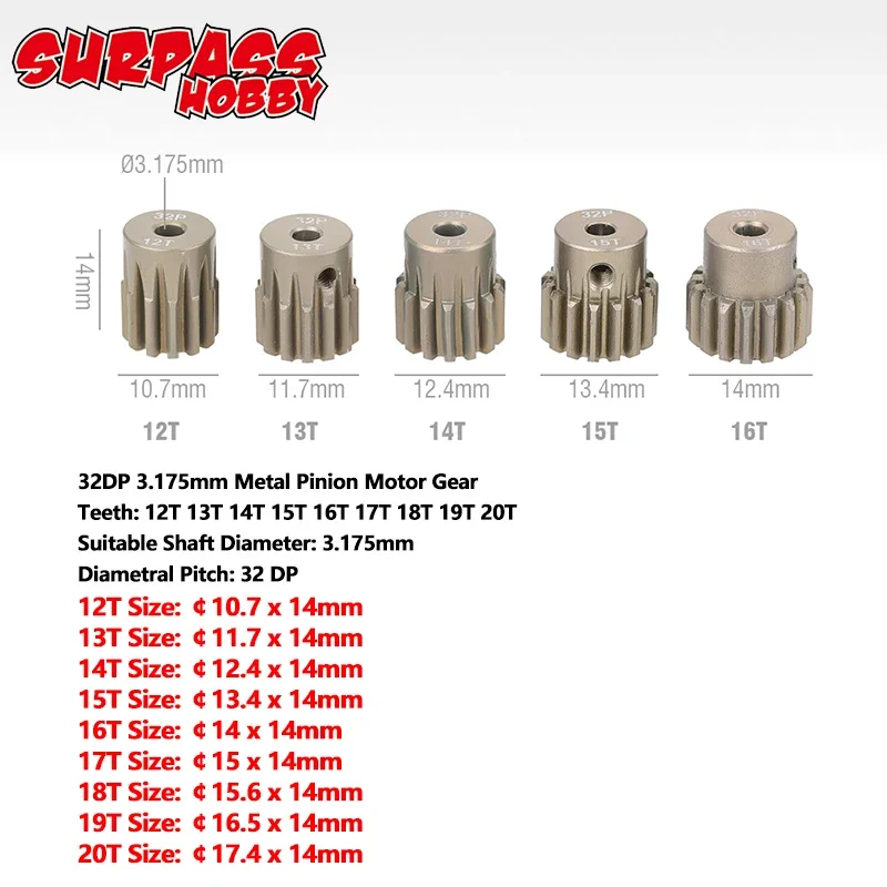 Lot De 5 Pignons Moteur 32DP 3,175mm – 12T à 16T Pour RC 1/10, Moteur 3650/540/550, En Alliage D'aluminium, Clé Et Vis Incluses