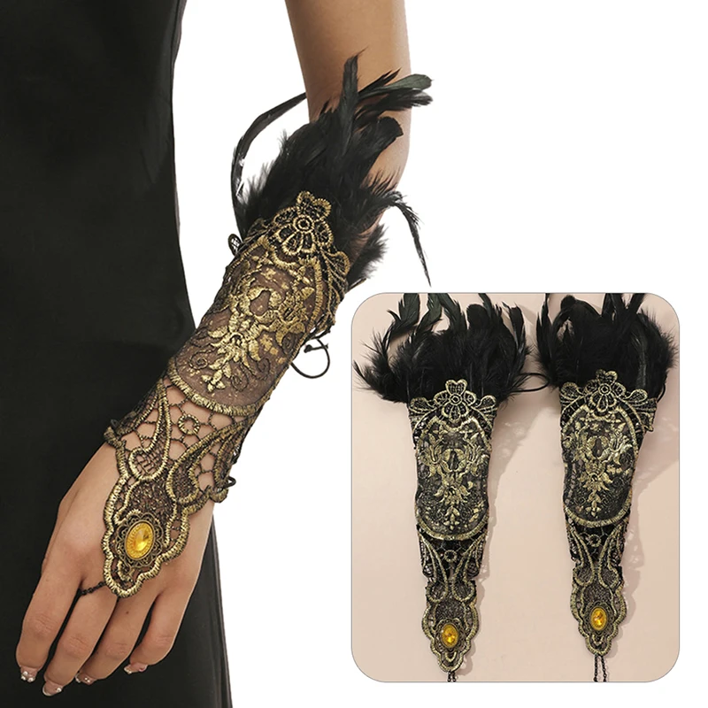 Gotický peří zlato krajky dlouhé rukavice náramek ženy večírek sexy bezprsté rukavice exaggerated krajky síťované rukavice příslušenství