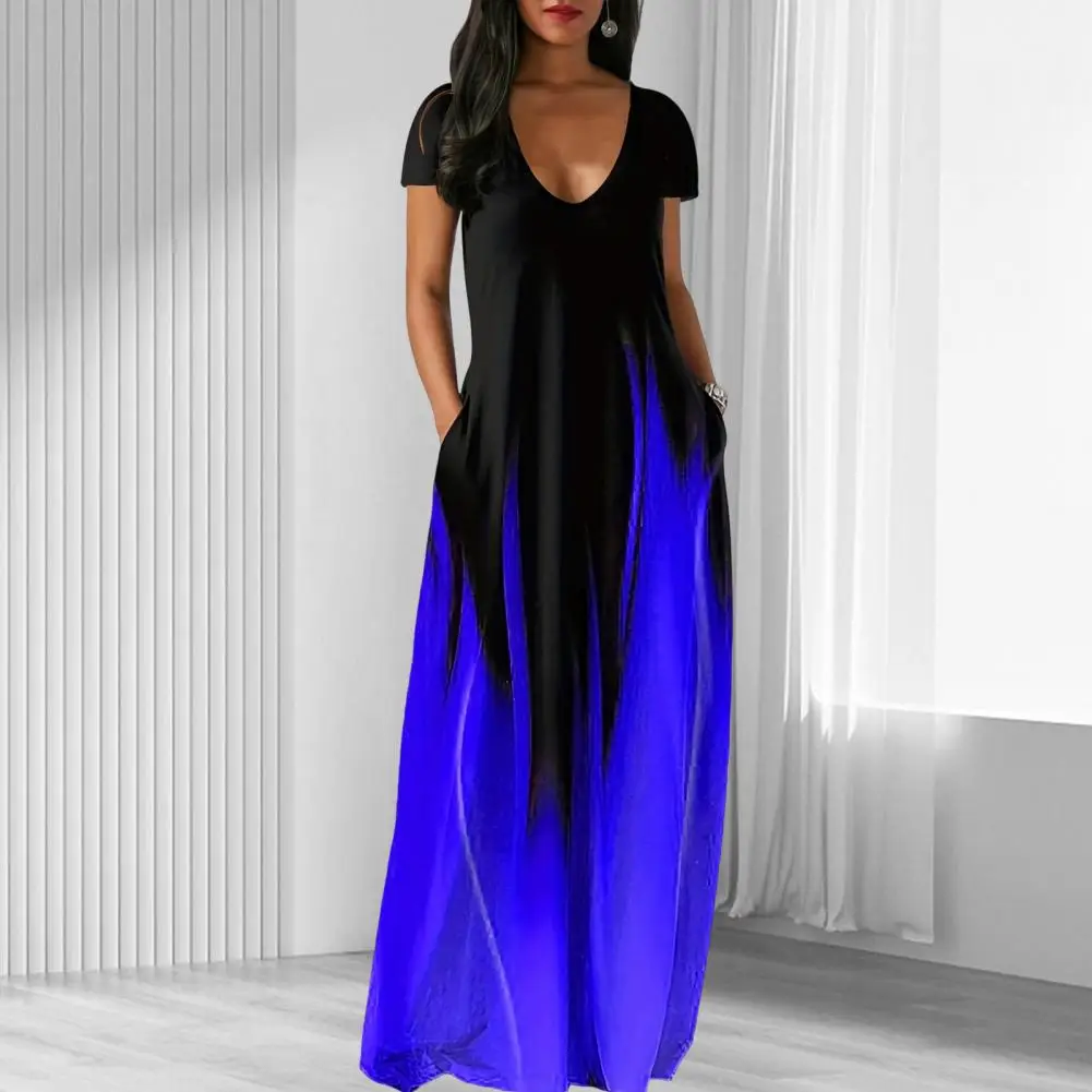 

Women Summer Dress Low-cut V Neck Short Sleeve Contrast Gradient Color Loose Pockets Floor Length Soft Breathable Casual Daily M