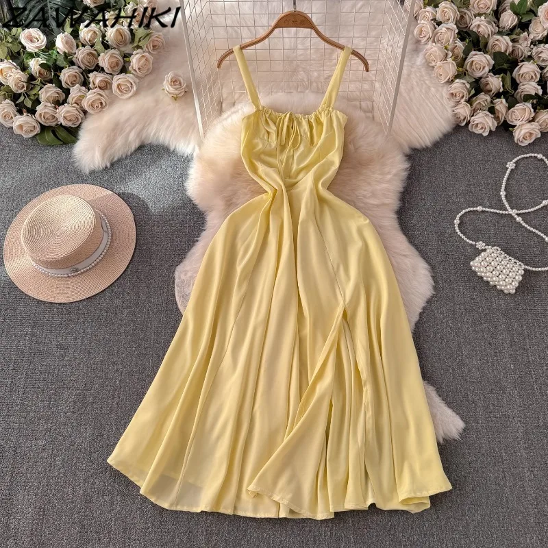 

Sexy Camisole Skirts Drawstring Pleated Women's Dress for Holiday Solid Color Office Lady Vestidos Casual Slim Waist Ropa Mujer