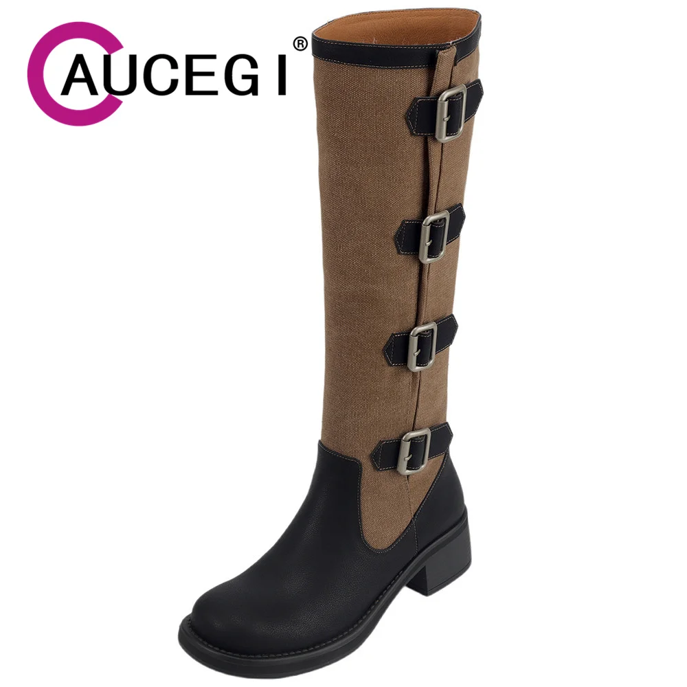 

Aucegi New Design Belt Metallic Buckle Knee High Boots Women Round Toe Square Heels Genuine Leather Patchwork Cloth Casual Shoes