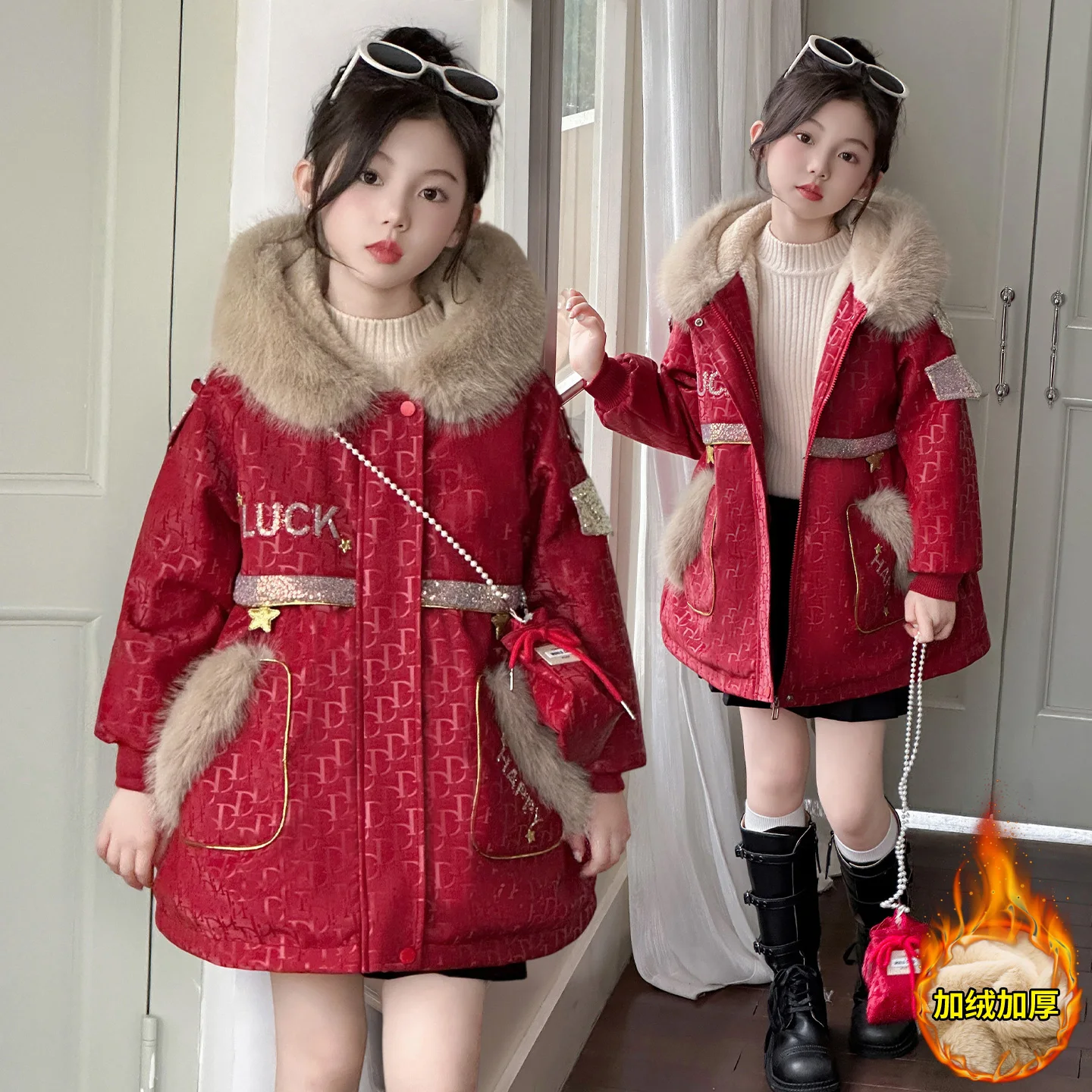 겨울 십대 소녀들을 위한 따뜻한 인조 모피 재킷 레트로 아우터웨어 PU 코트 두꺼운 벨벳 안감 주니어 키즈 오버코트+가방 글리터 파카