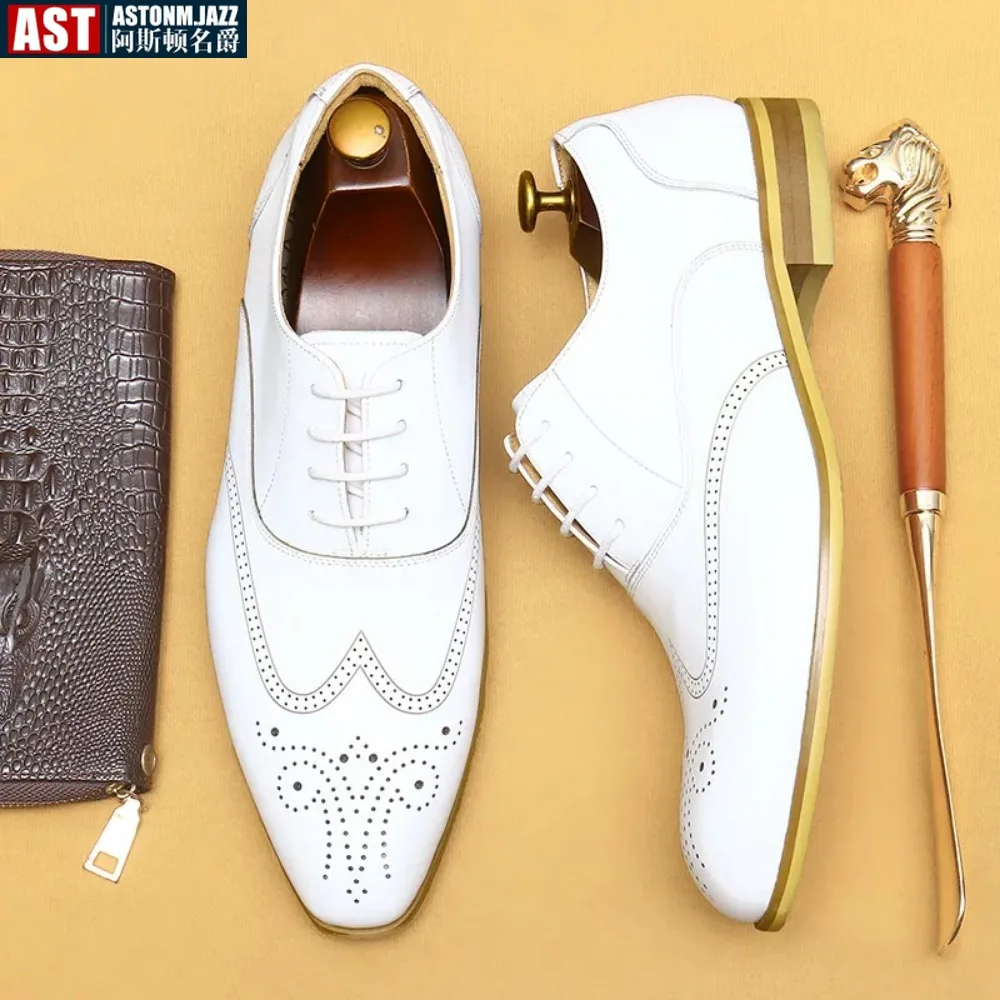 

White Wedding Oxfords Shoes For Man Luxury Genuine Leather 2024 Designer Fashion New Style Brogues Style Mens Dress Social Shoes
