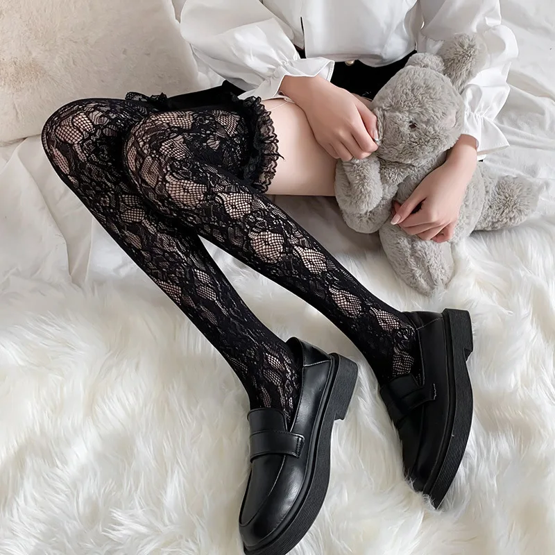 JK Woman Socks Lace Cute Black White Velvet Lolita Long Socks Sexy Knee High Socks Kawaii Cosplay Anime Ruffle Nylon Stockings