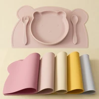 BPA Free 4PCS Silicone Children Tableware Baby Feeding Set Silicone Dinner Plate Spoon Fork Silicone Placemat Baby Stuff 1