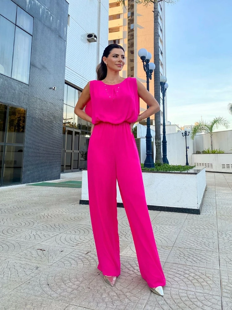 

Female Sexy Backless O Neck Jumpsuit 2023 Summer Elastic Waist Solid Color Casual Long Jumpsuits Fashion High Street Women Wear