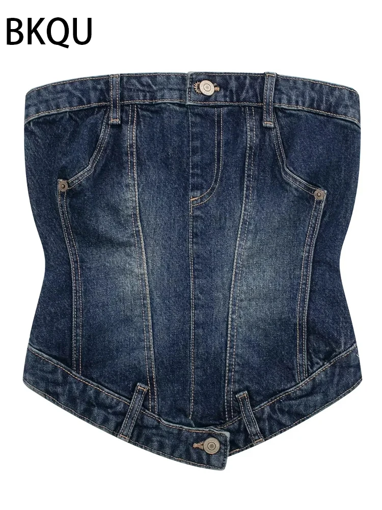 

BKQU 2023 Summer Strapless Zipper Denim Corset Crop Tops Women Clothing Chic Y2k Off Shoulder Sexy Tube Top Basic Party Clubwear