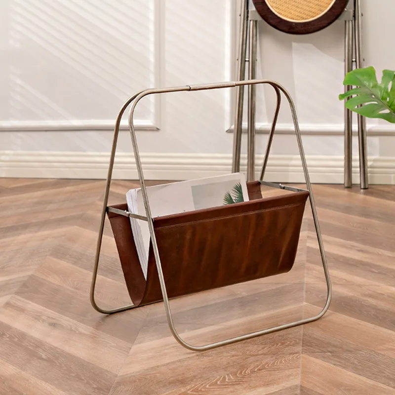 Simple Stainless Steel Leather Book and Newspaper Storage Rack Household Storage Rack Newspaper and Magazine