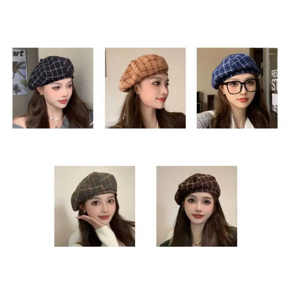

Plaid Newsboy Cap Stylish Women's Winter Beret Plaid Print Elastic Adjustable Soft Warm Dome Lady Cap Painter Hat All-seasons