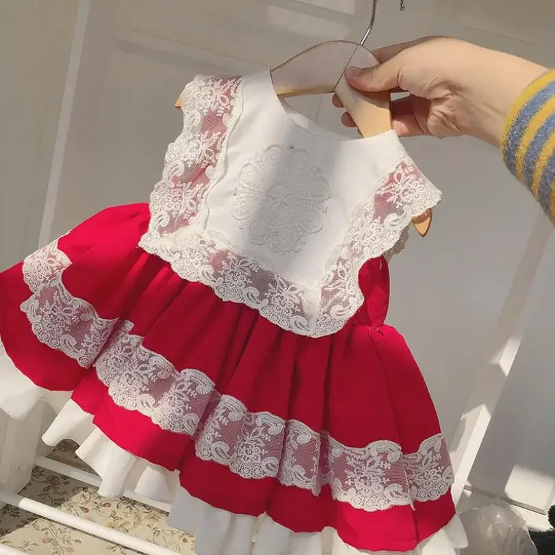 

2PCS Summer Spanish Baby Dress Lace Stitching Sleeveless Ball Gown Birthday Party Easter Eid Lolita Dresses For Girls