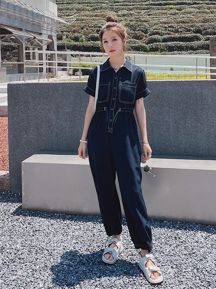Denim Jumpsuit Women Short Sleeve Lapel 