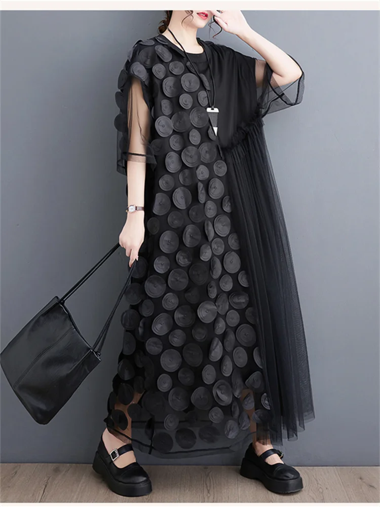 

Oversized Summer New Fashion Sexy Lace Mesh Polka Dot Dress Korea Casual Loose Irregular Pullover Women Black Long Dresses