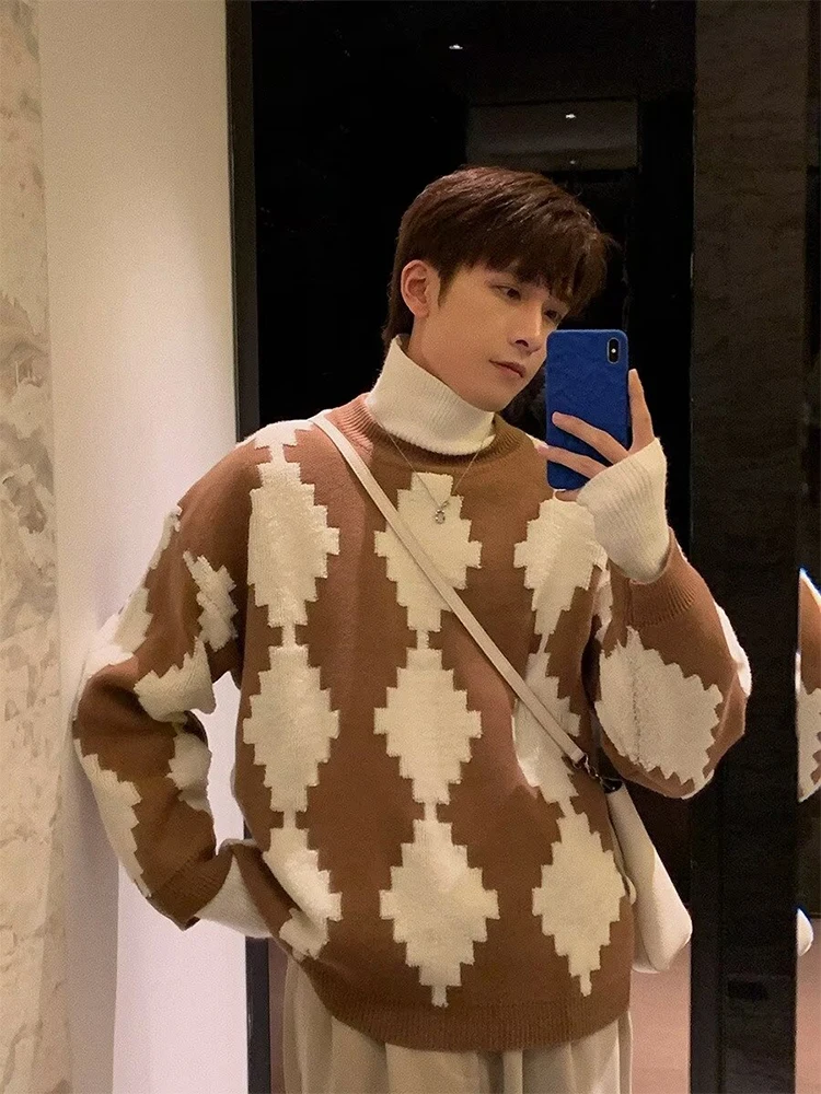 

Knitted Diamond Sweater Men's Large Girls Loose Round Neck Knit Sweater Bauze Casual Street Clothing Sweater