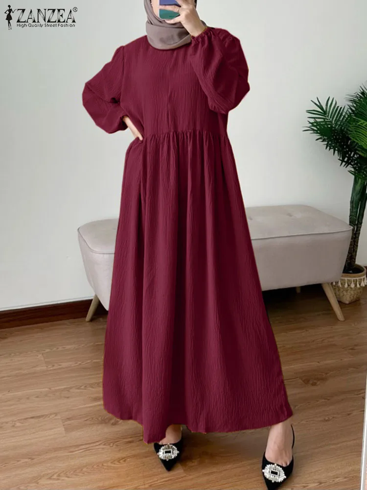 

ZANZEA Autumn Fashion Solid Muslim Dress Long Sleeve O Neck Dresses Vintage OL Work Maxi Robe Casual Party Sundress Oversized