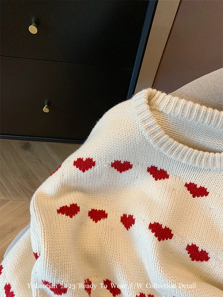 Fashion Simple Classical Knitted Sweater Heart  Print O-Neck Long Sleeve Pullovers Preppy Style Sweet Chic Autumn Y2K Streetwear