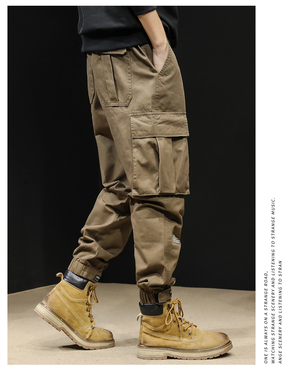 Casual Pants Men's Autumn and Winter Warm Slim-Fitting Ankle-Tied Pocket Decoration Trendy RetroAmerican SolidColor All-Matching