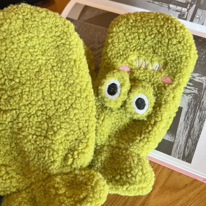 2022 Women Fashion Cute Frog Knit Twist Flowers Mittens Winter Female Velvet Thickening Warm Full Finger Gloves Guantes