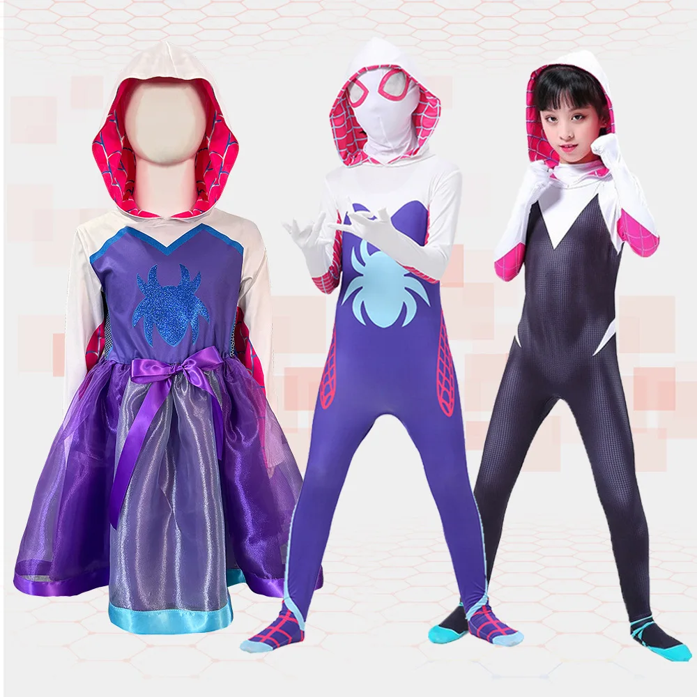 Girls Gwen Ghost Spider Costume Bodysuit Halloween Cosplay Hooded Holiday Party Costumes Girls Fantasy Sexy Dress Up Costume adults anime the seven deadly sins elizabeth lion cosplay costume cute women s girls uniform halloween cosplay costumes