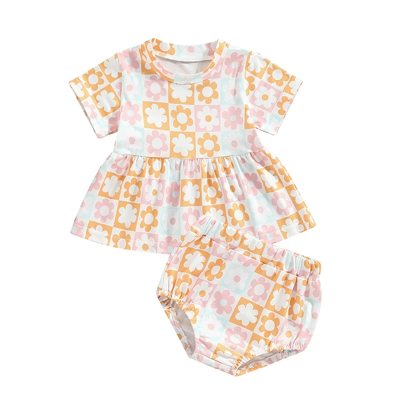 Baby Girls Shorts Set Flower Print Short Sleeve T-shirt with Elastic Waist Shorts Summer 2-piece Outfit