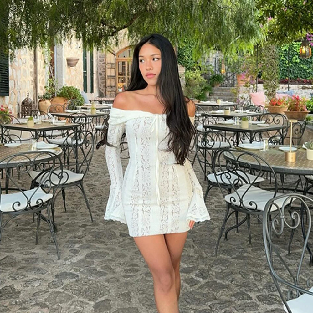 White Off Shoulder Lace Maxi Dress with Long Sleeves