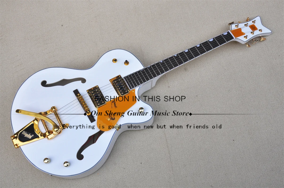 

6 String Electric Guitar, 6136 Guitar,Big Tremolo Bridge,Gold Buttons,White Body,Gold Binding