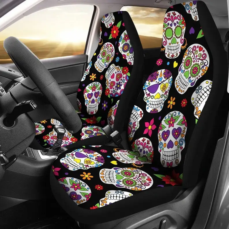 

Sugar Skulls Car Seat Covers Pair, 2 Front Car Seat Covers, Seat Cover for Car, Car Seat Protector, Car Accessory, Dark, Skulls