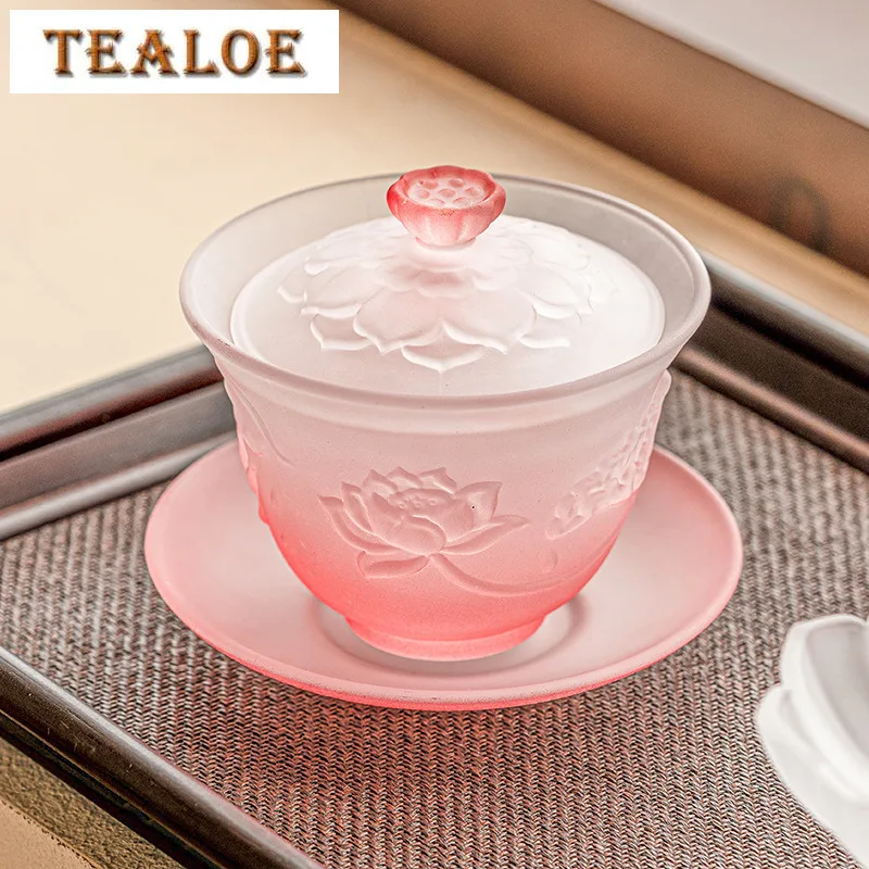 120ml Elegant Gradient Pink Blue Lotus Glass Gaiwan High End Crystal Three Talent Tea Tureen Tea Brewing Cover Bowl Cafes Craft