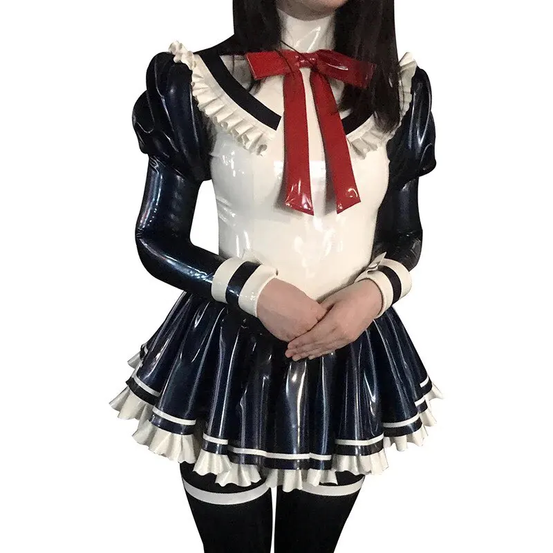 Sexy Latex Maid Uniform Dress Stocking Outfit Bodycon Ruffles Sleeves with Back Zipper and Bows
