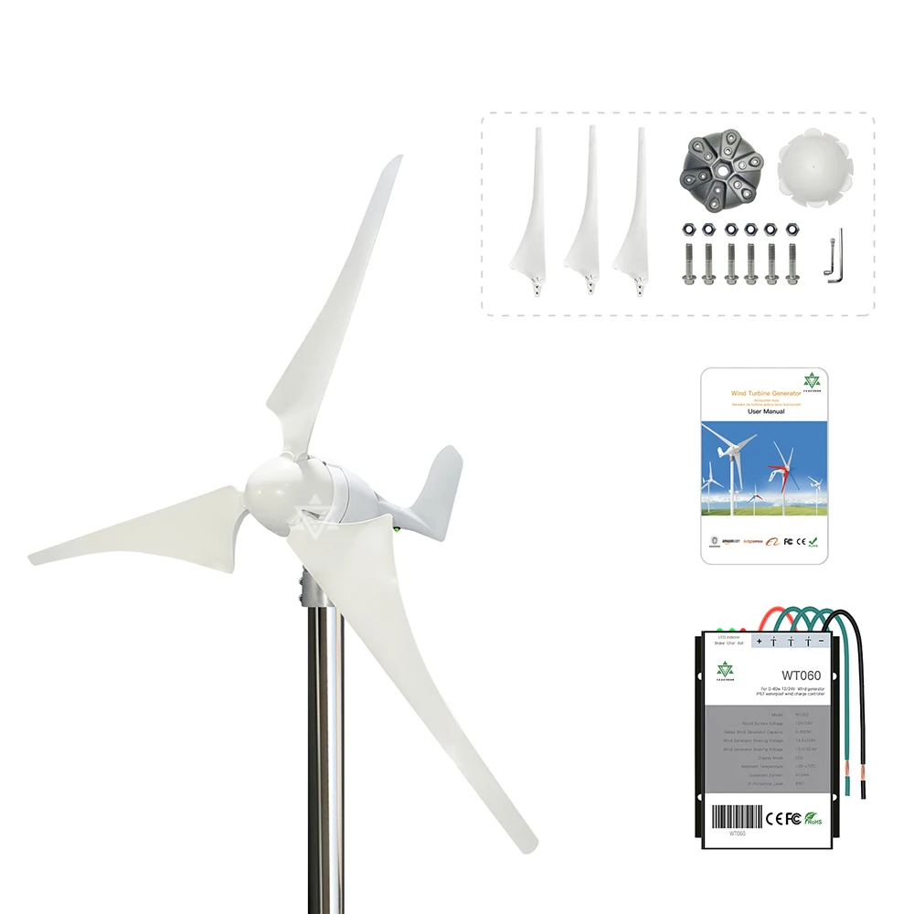 400w Small Wind Turbine Generator 2m/s Low Start Speed AC12v 24v With MPPT Controller Flexibly Assemble 3 or 5 Blades With LED
