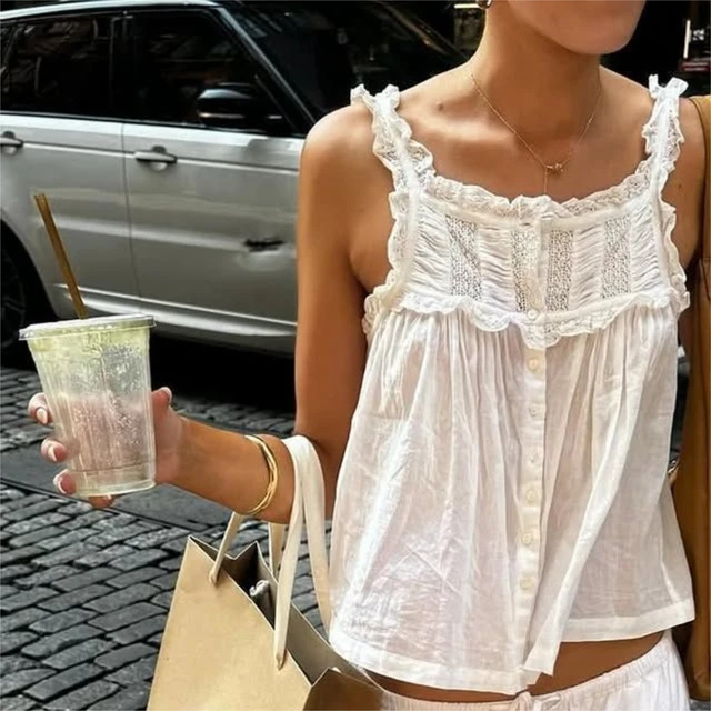 Mignon sortie haut court Boho gilet femmes Y2k dentelle à volants garniture débardeur Fairycore Sexy pure bouton avant encolure dégagée Camisole 1