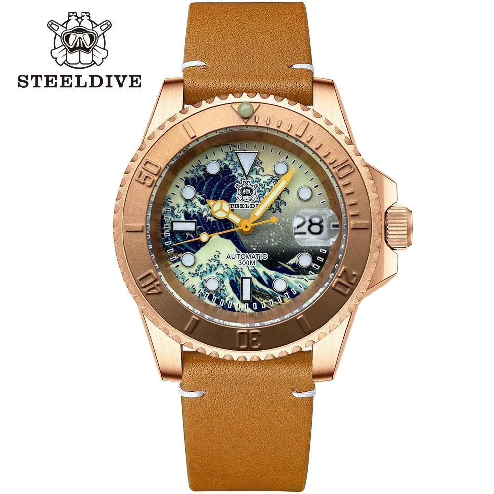 Новое поступление, зеленые светящиеся часы STEELDIVE SD1953SJ C3 Kanagawa, циферблат 41 мм, твердая бронза, зеркальные часы для дайвинга 200 м NH35