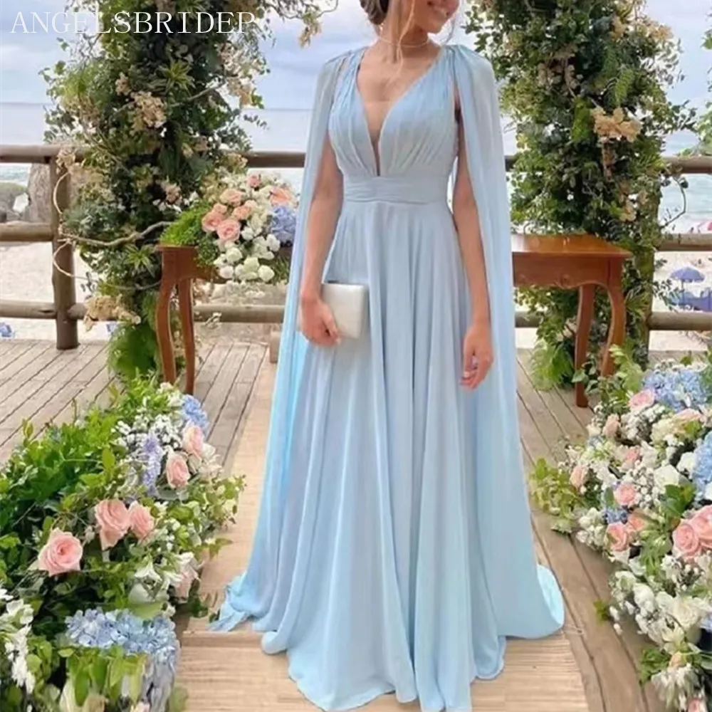 

Angelsbridep трапециевидные длинные шифоновые женские платья подружки невесты со стрейсерной накидкой дешевые платья подружки невесты для свадебной вечеринки