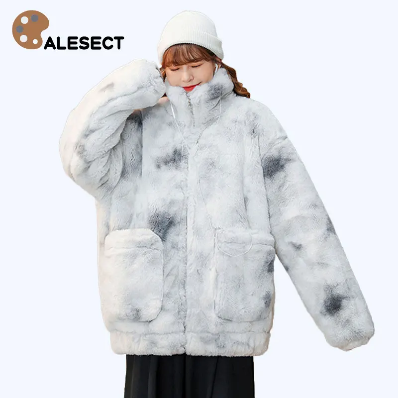 

CALESECT 2022 Women High Stand Collar Oversize Lambswool Coat Winter Zipper Jacket Fashion Clothes Loose Parka Harajuku Outwear