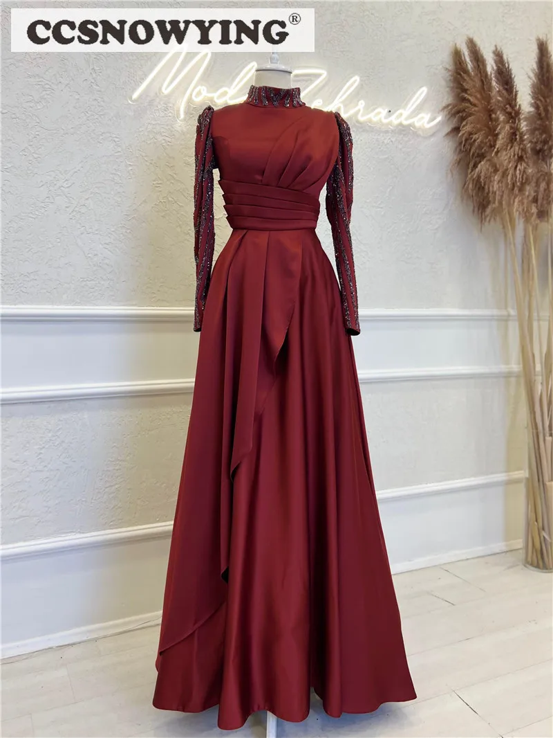 

Appliques Beaded Long Sleeve Muslim Evening Dresses Satin Islamic Formal Party Gowns High Neck Women Arabic Robes De Soirée