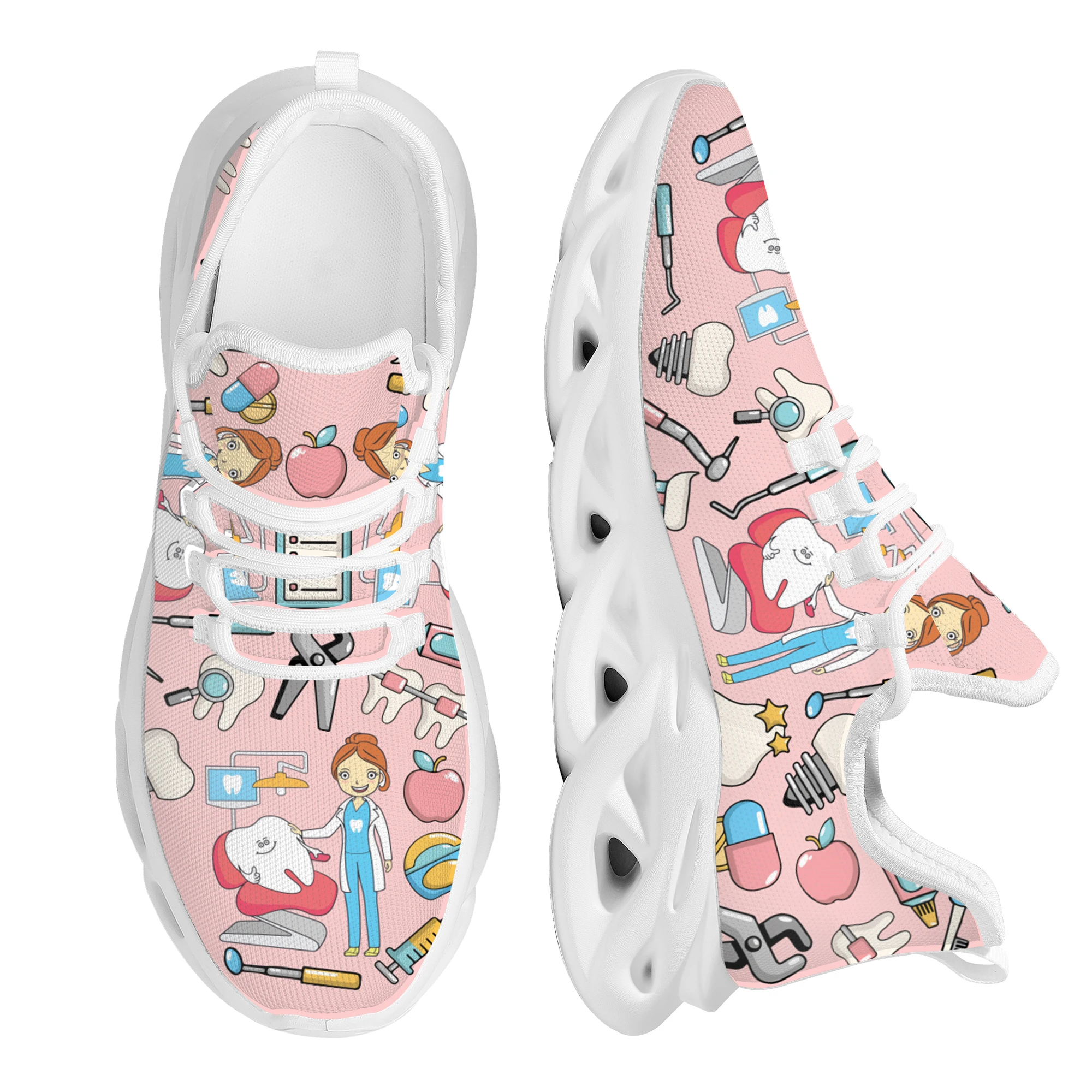 Comfortable Light Women Nursing Shoes Cartoon Dental Equipment Design Mesh Sneakers New Wild Street Trend Lace-up Casual Shoes