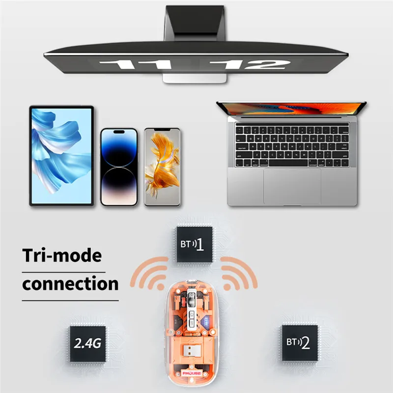 Rechargeable Bluetooth Wireless Mouse Transparent Shell 2.4GHz USB 2400DPI Gaming Laptop