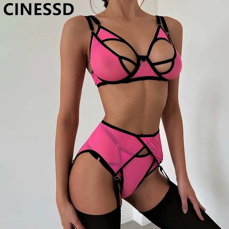

CINESSD Lingerie Sexy Female Underwear Cut Out Patchwork Bra Erotic Intimo Uncensored See Through Outfits Fancy Lace Garter Set