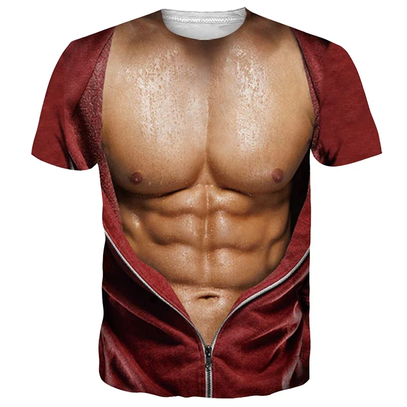 

2024 Summer New Hot Fashion 3D Fake Abs Chest Printing T-shirt Large Size Loose Comfortable Fitness Training Quick Drying Top