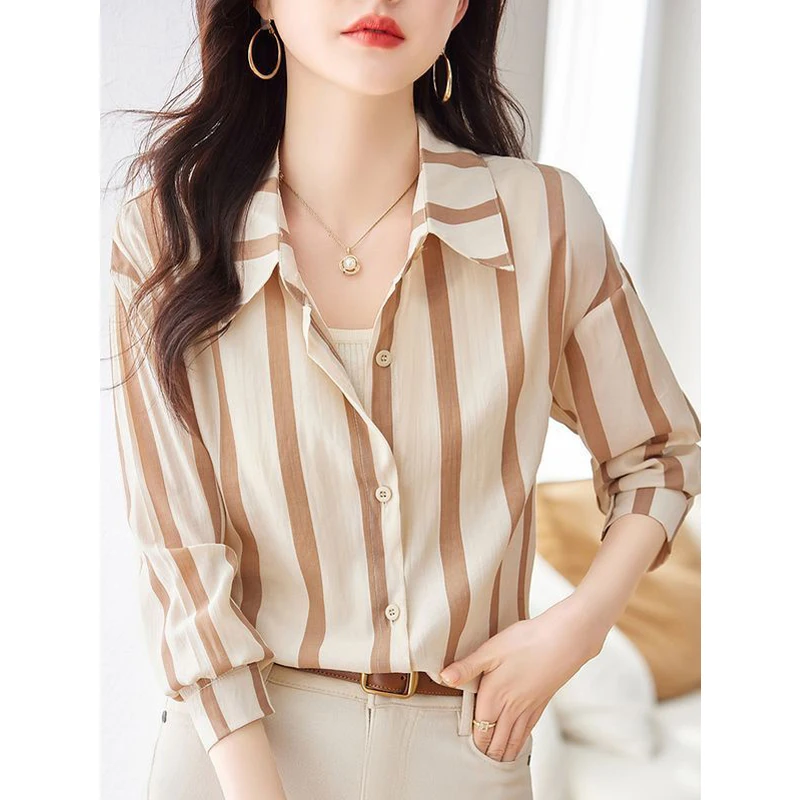 여성용 트렌디 빈티지 스트라이프 프린트 단추 셔츠, 심플 캐주얼 턴 다운 칼라, 불규칙 블라우스, 긴팔 루즈 튜닉 탑