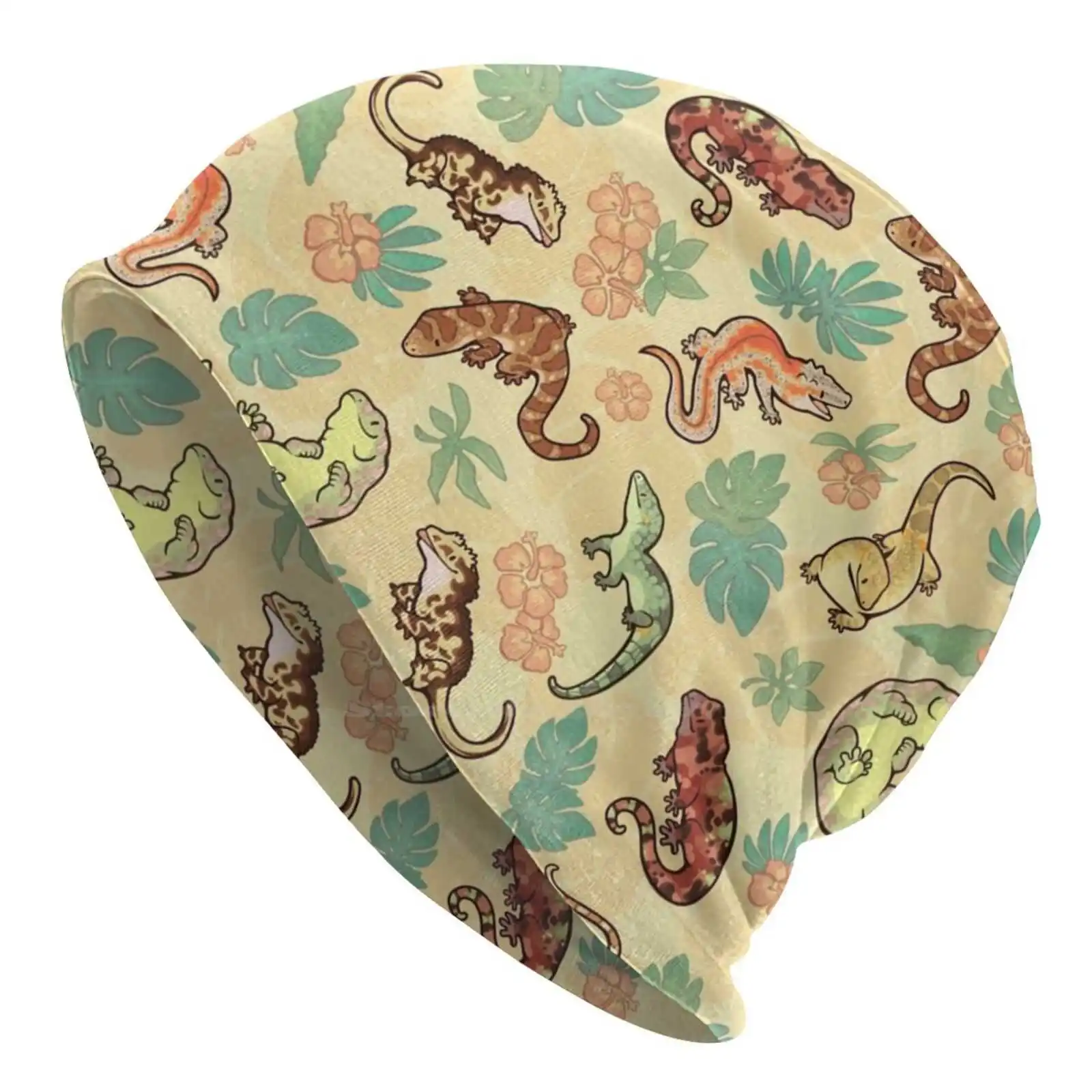 Gecko Family In Yellow Knitted Hat Warm Beanie Outdoor Caps Geckos Crested Geco Gargoyle Gecko Leachie Chahoua Pattern Giallo