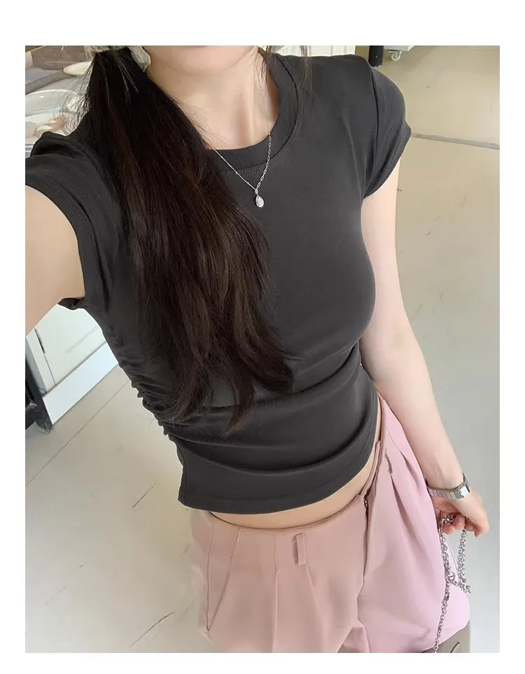 Women's Basic Solid Crop Top Short Sleeve Crewneck Skinny T-shirt Summer Casual Y2K Vintage Harajuku Streetwear