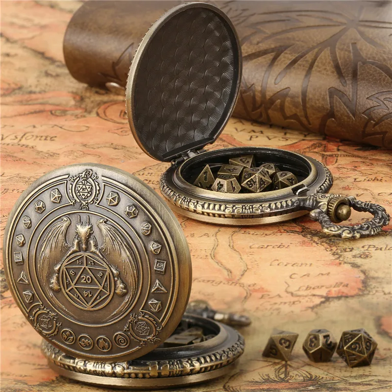 Vintage Dragon Wings Pocket Watch Case with 7pcs Tiny Polyhedral Metal Dice Set Role Playing Board Games Accessories watch parts