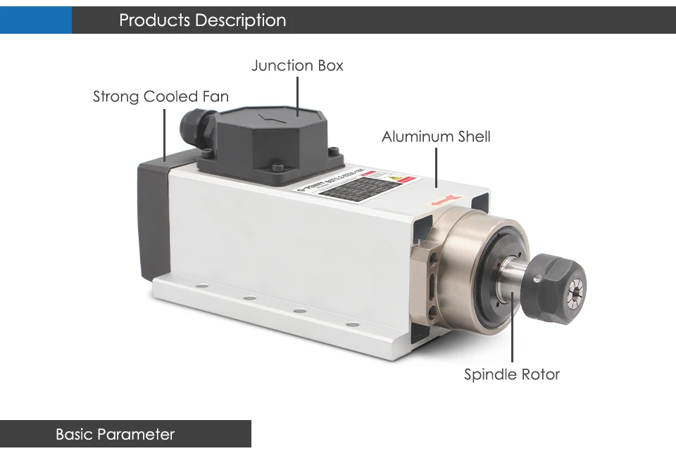 G-Penny 220V 2,2kW ER20 Luftgekühlter Spindelmotor 4 Lager 0,01mm Genauigkeit Quadratischer Typ Mit Flansch und 2,2kW H100 Wechselrichter – Detail 2